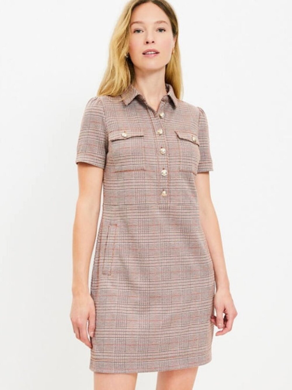 LOFT Mini Dress Brown Plaid Short Sleeve with Pockets